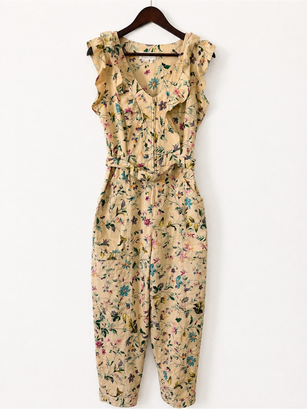 Anthropologie Cream Floral Ruffle-Sleeve Belted Jumpsuit - Picture 3 of 10